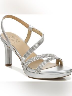 Naturalizer Brenta2 Metallic Silver Rhinestone Slingback Sandal Heels Wide Width